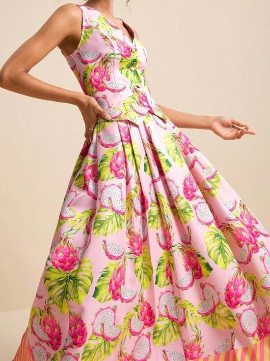 MODA ME COUTURE Tops - Pink Boho Women's Dragonfruit Tropical V-Neck Sleeveless Top & Skirt 2-Piece Set